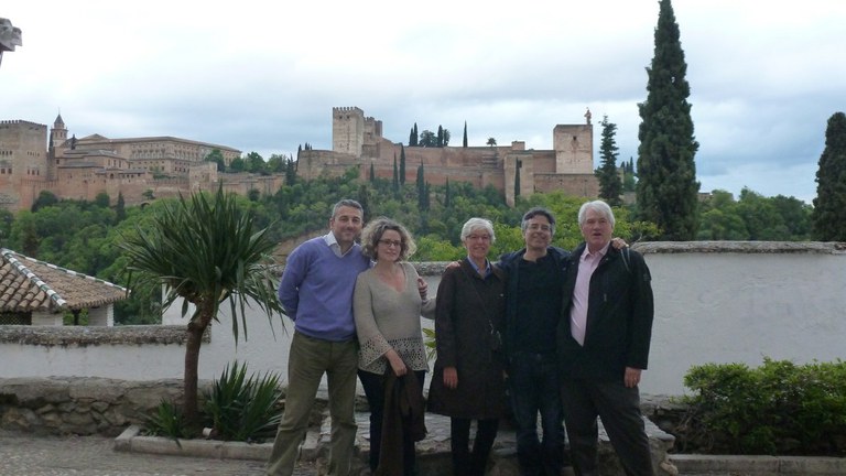 A break between meetings in Granada, Spain (Alhambra in the background). Pictured left to right: Mariano Sanchez (University of Granada, and project coordinator), Christina Sanchez, Cathy Whitehouse, Matt Kaplan, & Peter Whitehouse. Photo: Carolyn Reyes.
