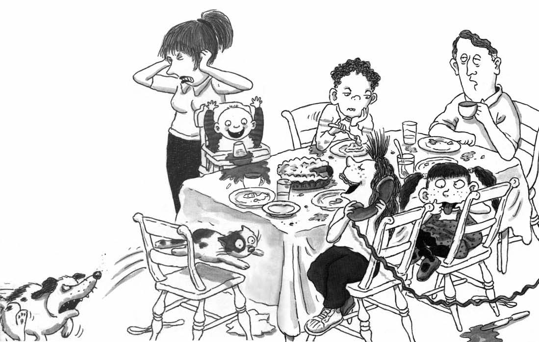 cartoon family of 3 eating