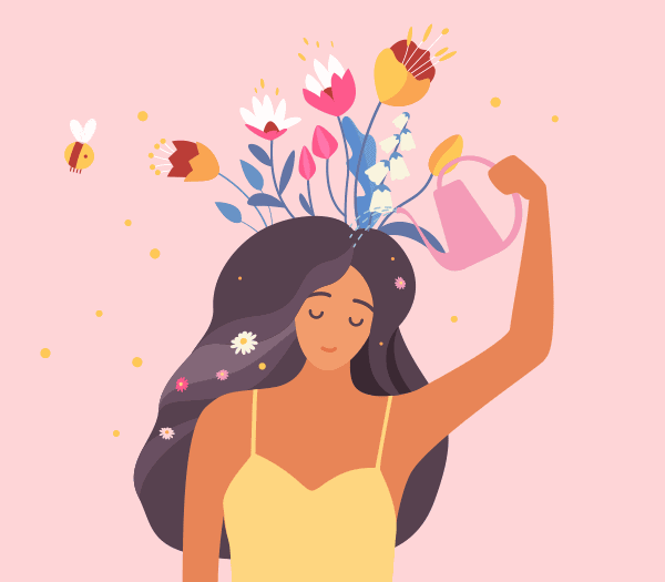 Recuperando Su Bienestar El brazo de una figura sostiene una regadera para regar las flores que crecen de su cabeza.